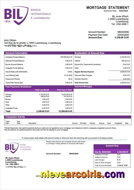 Luxembourg Banque Internationale à Luxembourg mortgage statement Word and PDF template